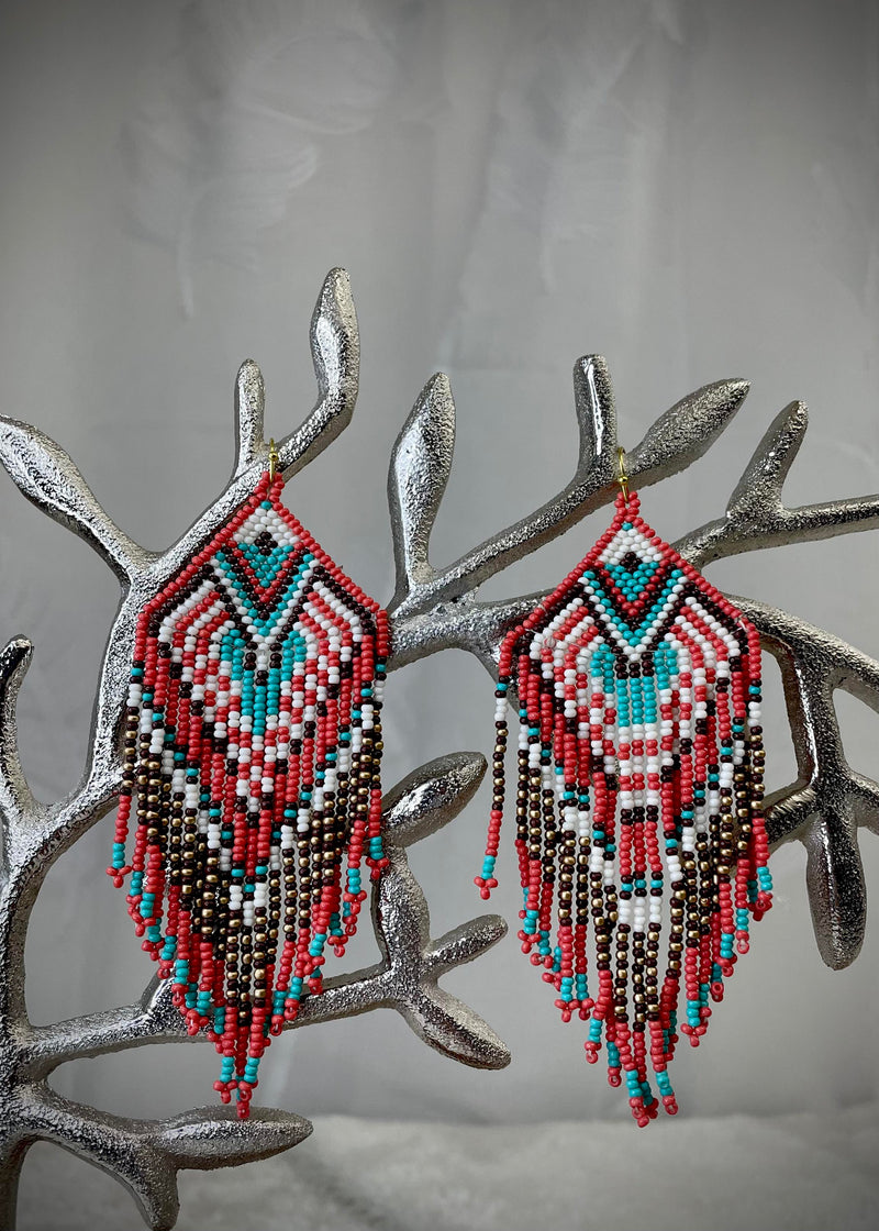 Aztec Diamond Beaded Fringe Earrings