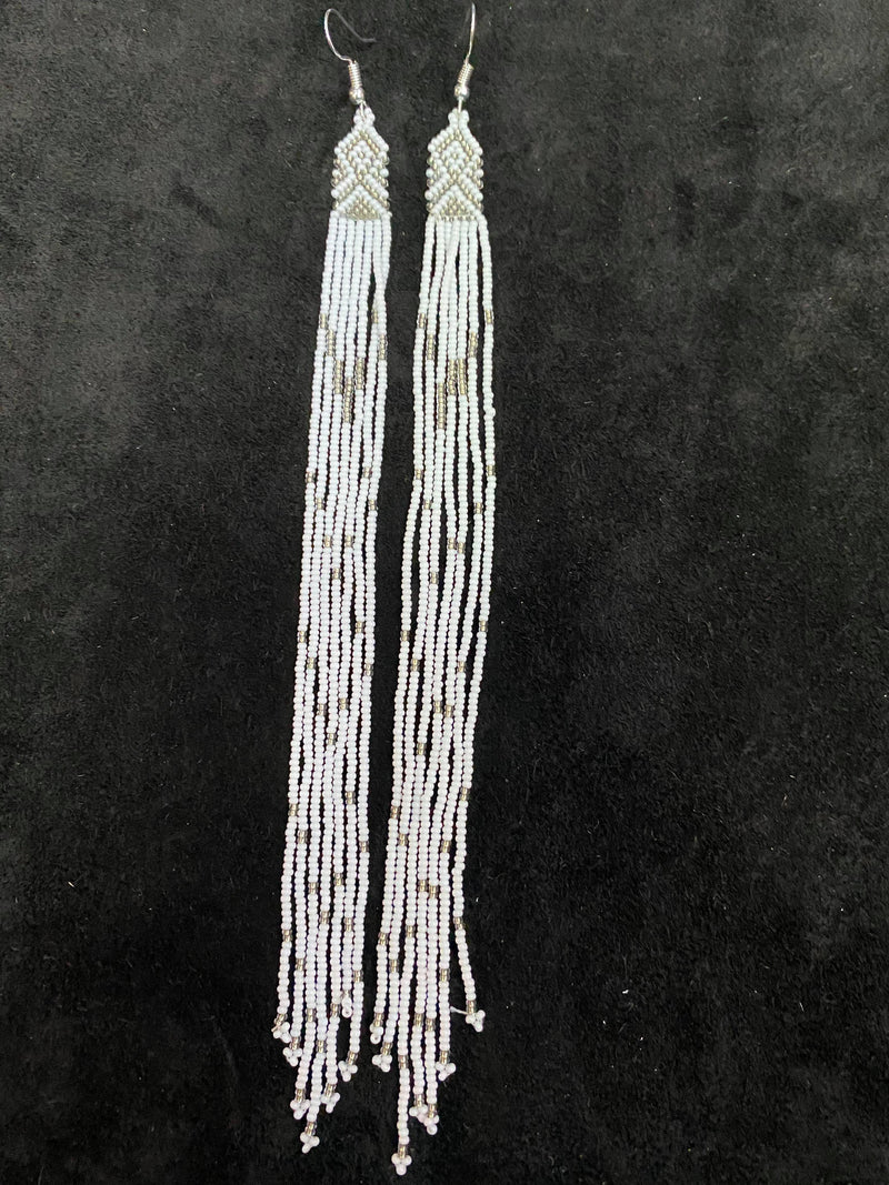 7" White Long Dangle Beaded Earrings