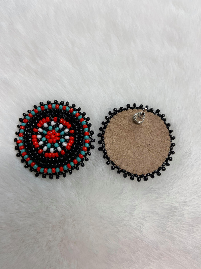 Black/Red/Teal Medallion Beaded Earrings