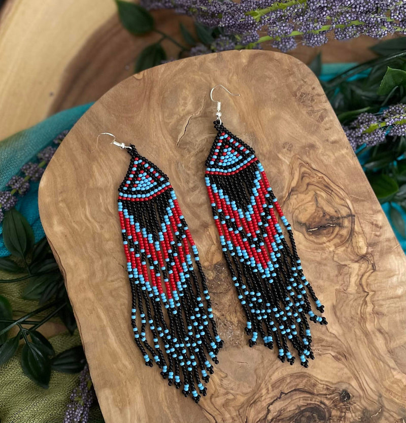 Red & Blue Long Beaded Dangle Earrings