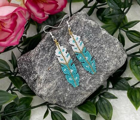 Gold Beaded Feather Earrings