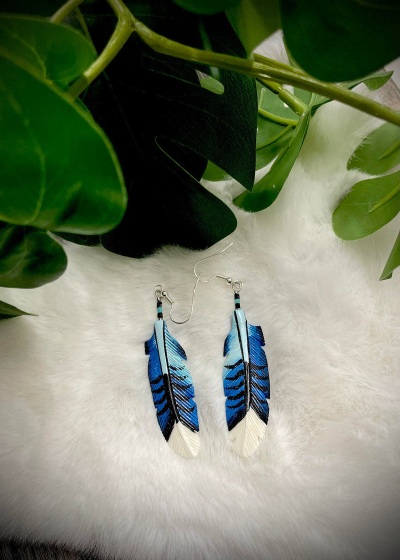 Large Blue stripe with White Tip Bone Earring