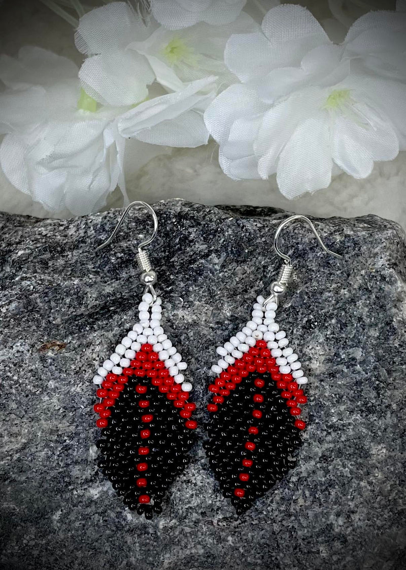 Black/Red Beaded Feather Earrings