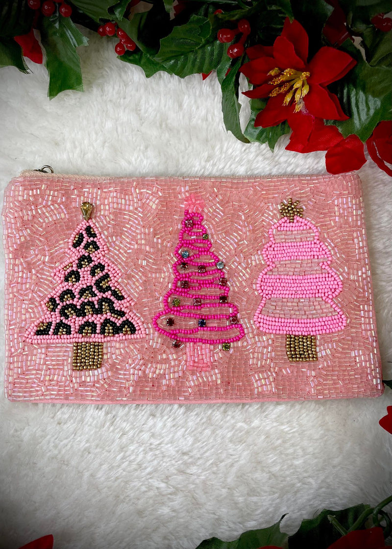 Pink Christmas Tree Beaded Accessory Bag