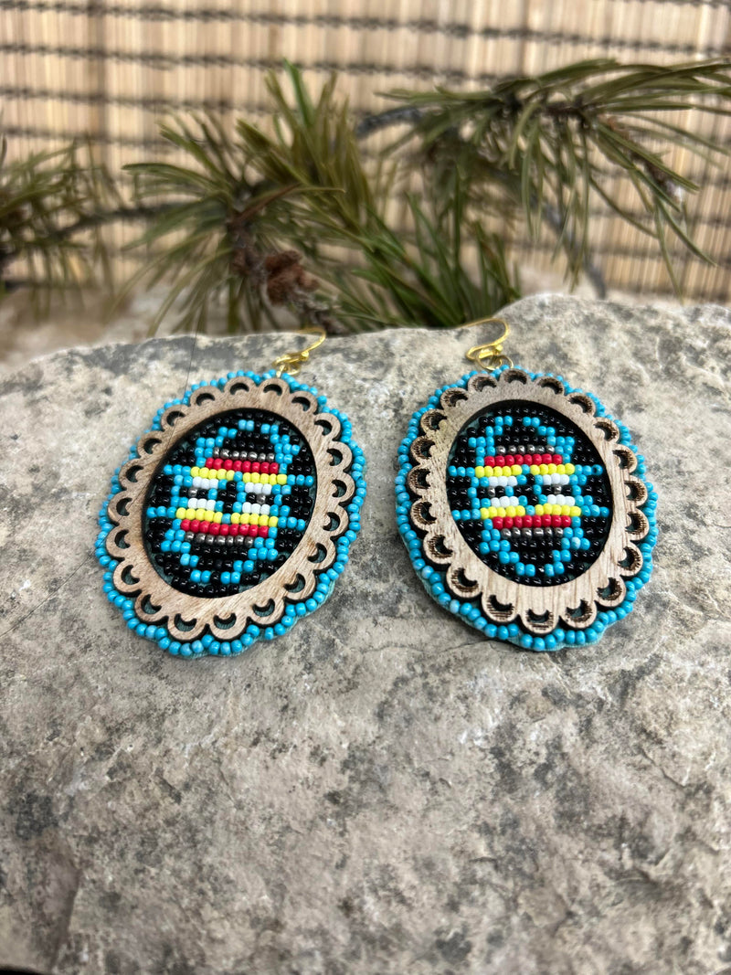 Wooden Oval Turquoise Beaded Earrins