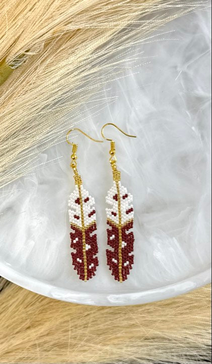 Gold Beaded Feather Earrings