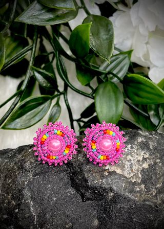 Small Round Center Beaded Stud Earrings