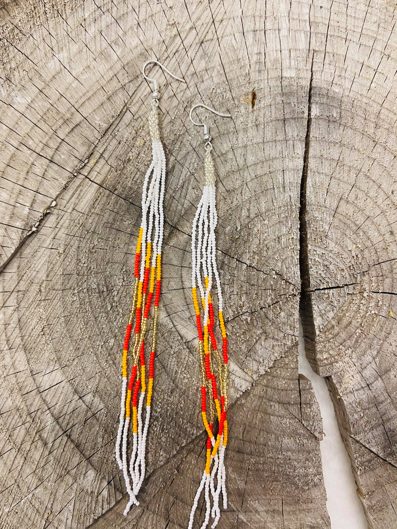 6.5" White/Fire Colored Long Fringe Beaded Earrings
