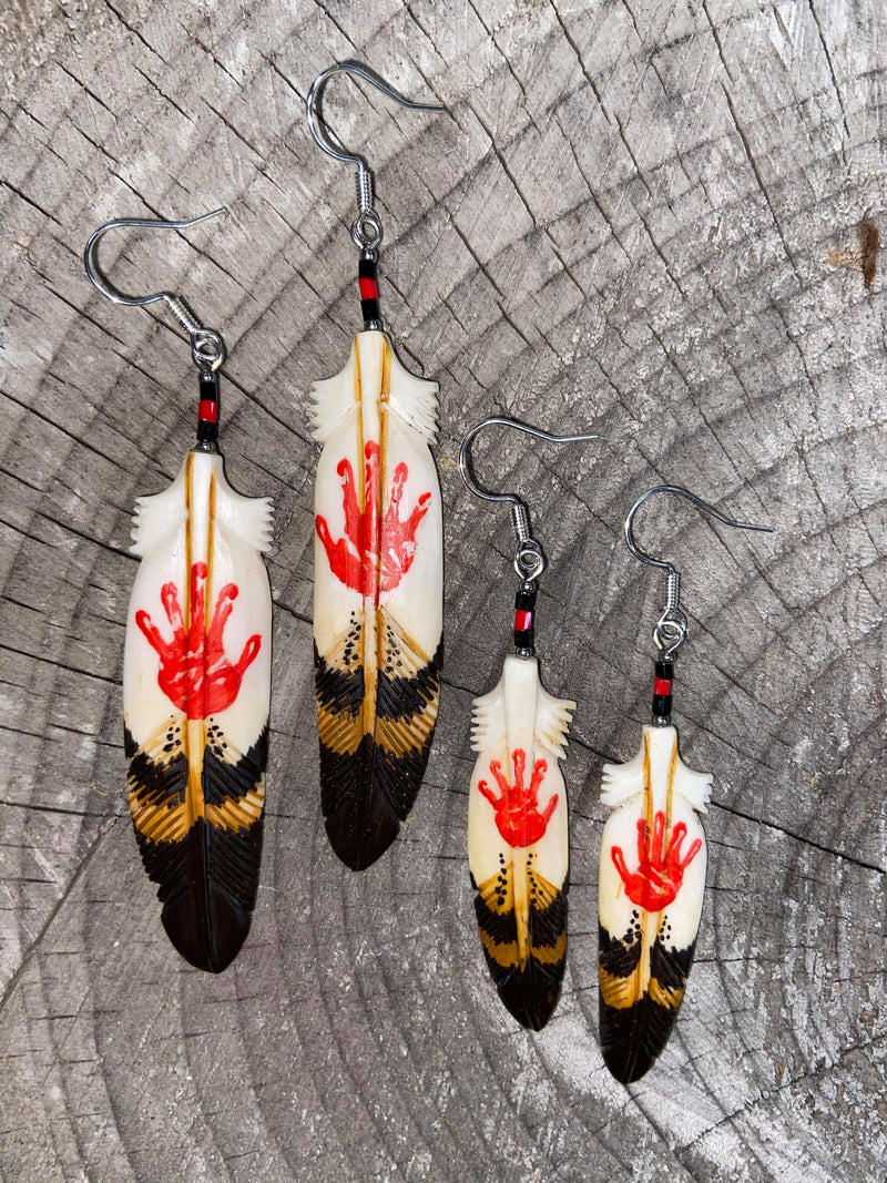 Painted Red Hand - Feather Bone Earrings