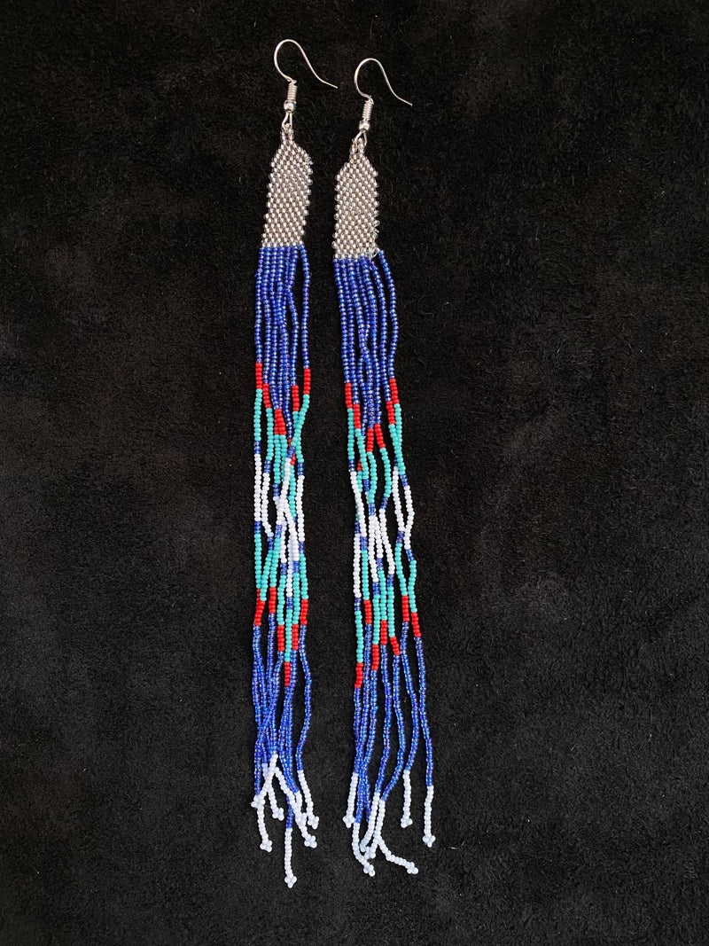7" Blue Long Dangle Beaded Earrings