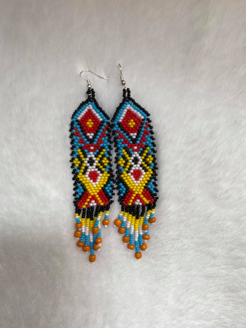 Long Aztec Pattern Beaded Earrings