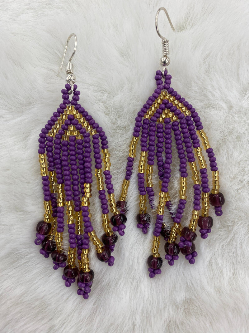 Purple & Gold Small Beaded Dangle Earrings