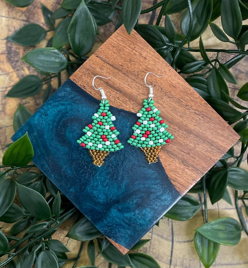Green Christmas Tree Beaded Earrings
