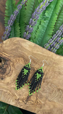 Green & Black Bugle Beaded Earrings