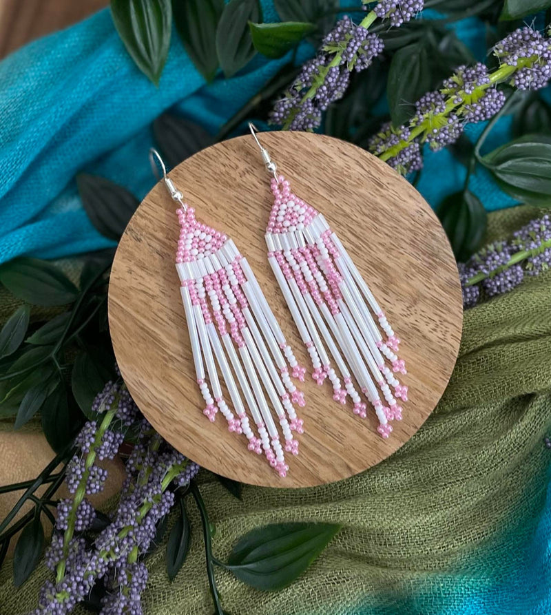 Pink & White Bugle Beaded Earrings