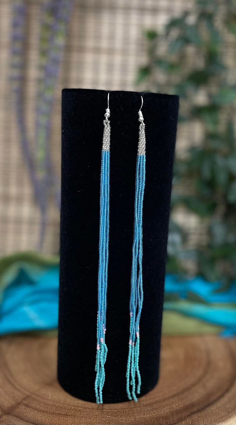 7" Turquoise Long Dangle Beaded Earrings
