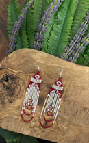 Red & White Bugle Beaded Earrings