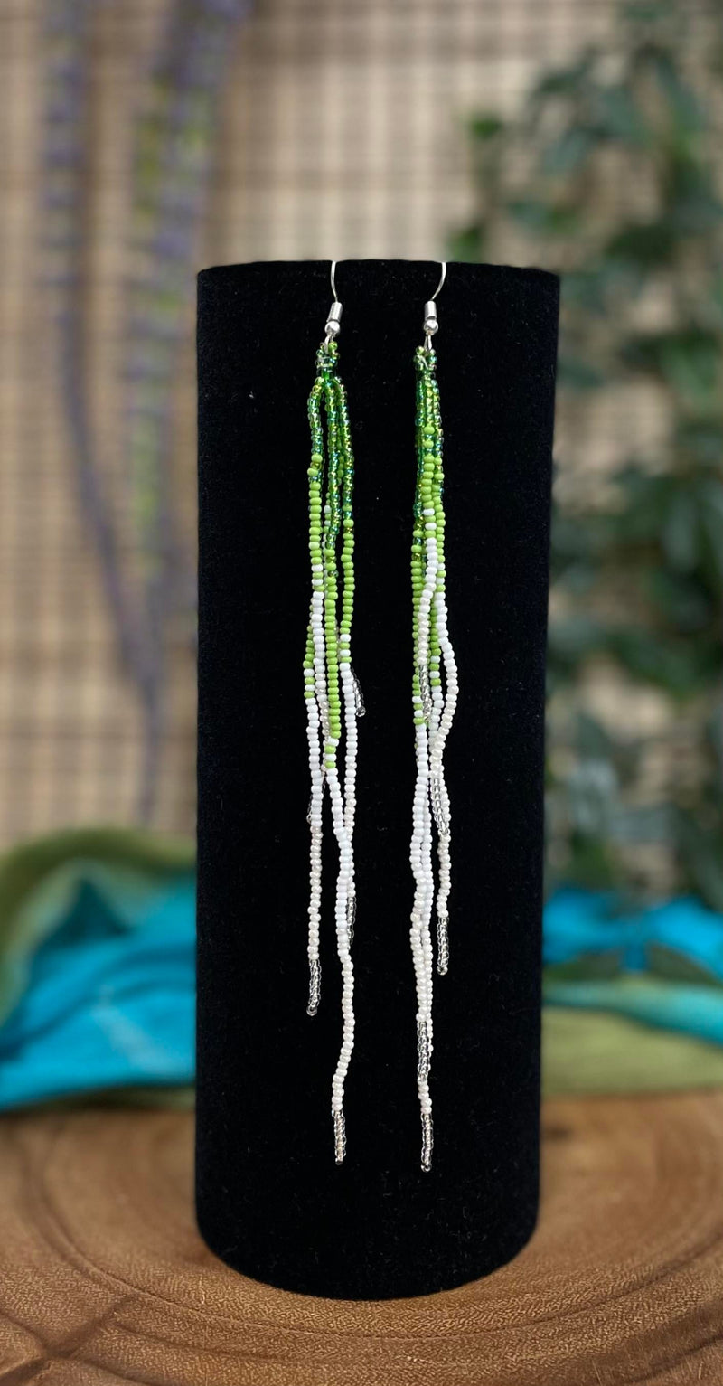 Green & Beige Beaded Dangle Earrings