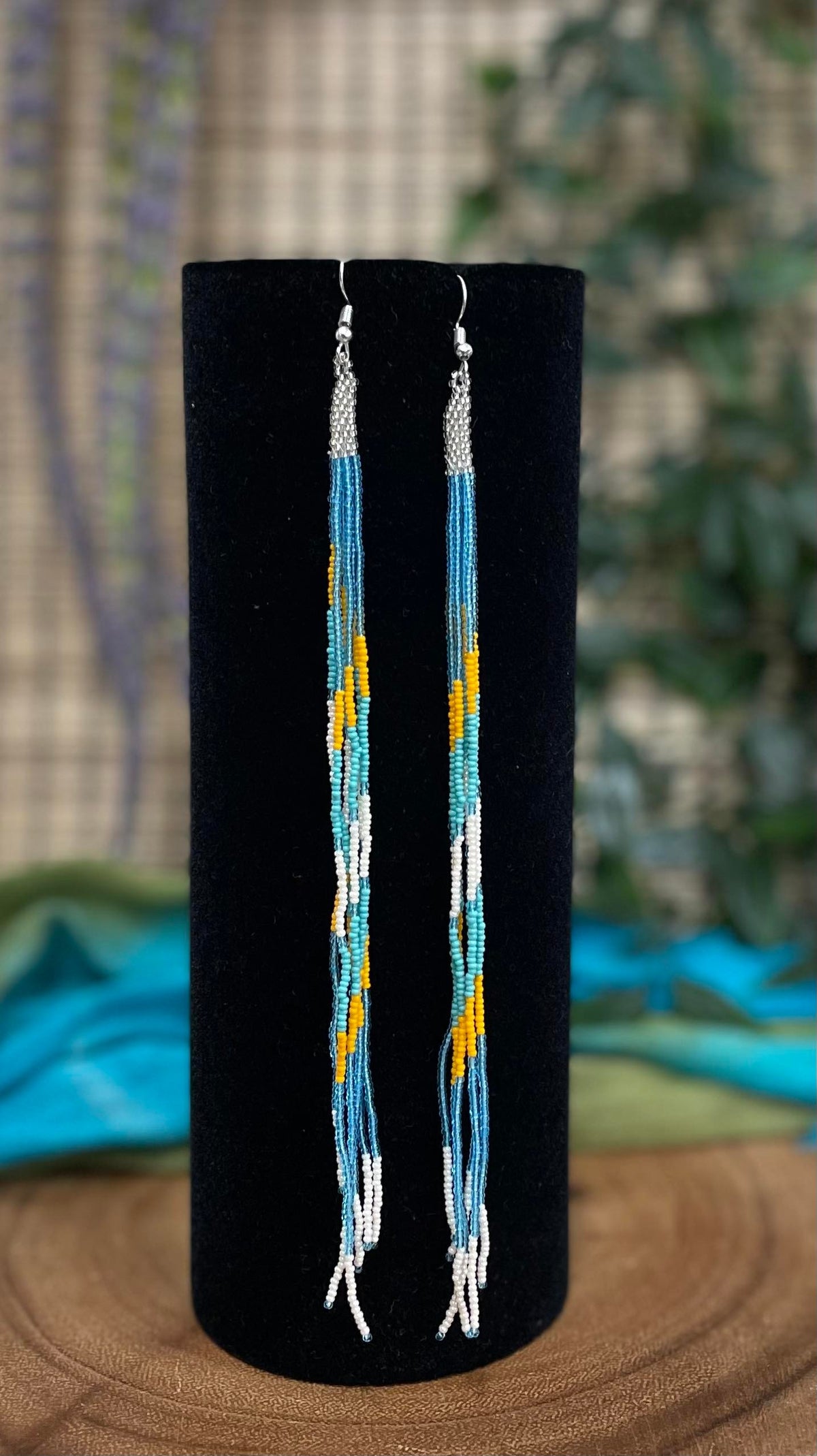 Yellow and Grey Bead Long store Tassel Earrings, Long Beaded Earrings