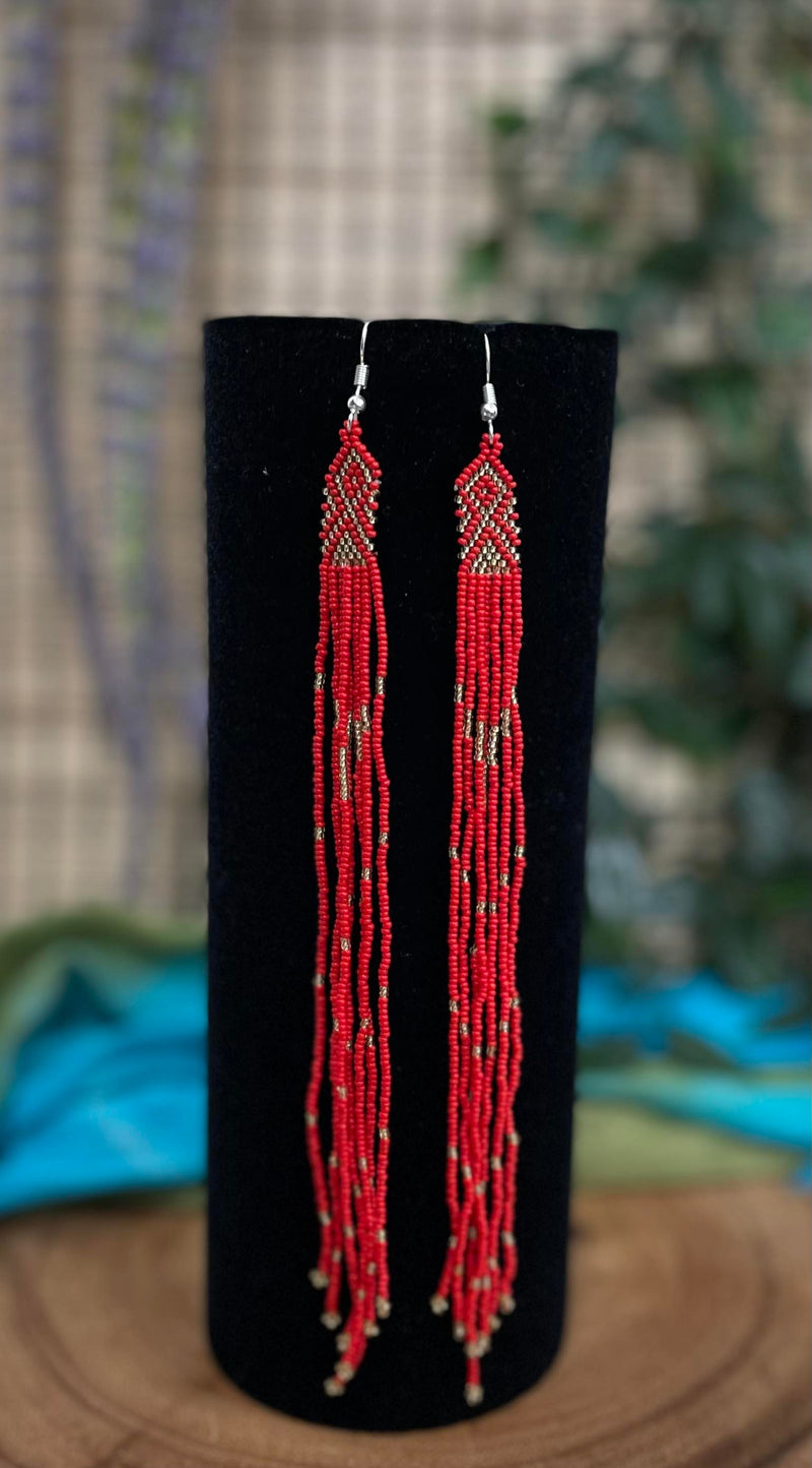 Red 7" Long Beaded Dangle Earrings