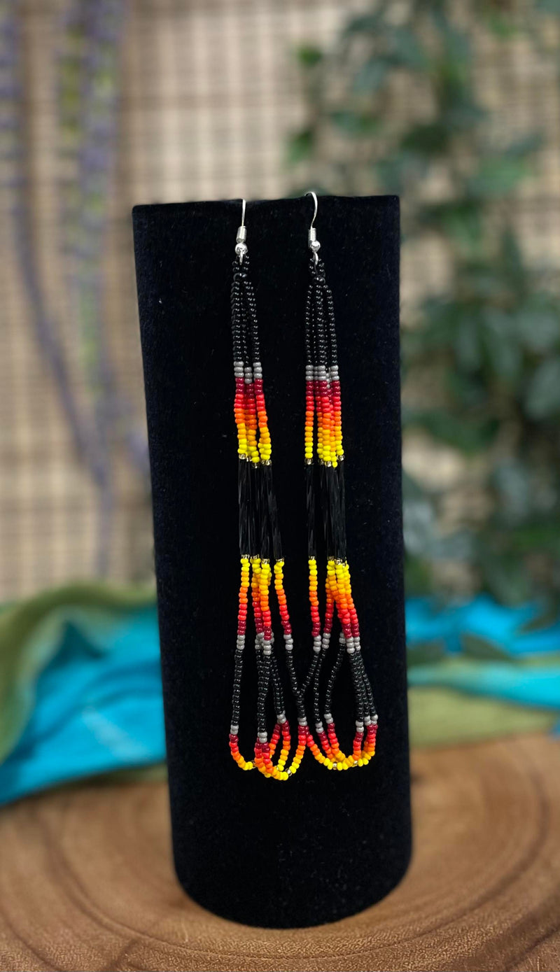 Black Fire Coloured Loop Beaded Earrings