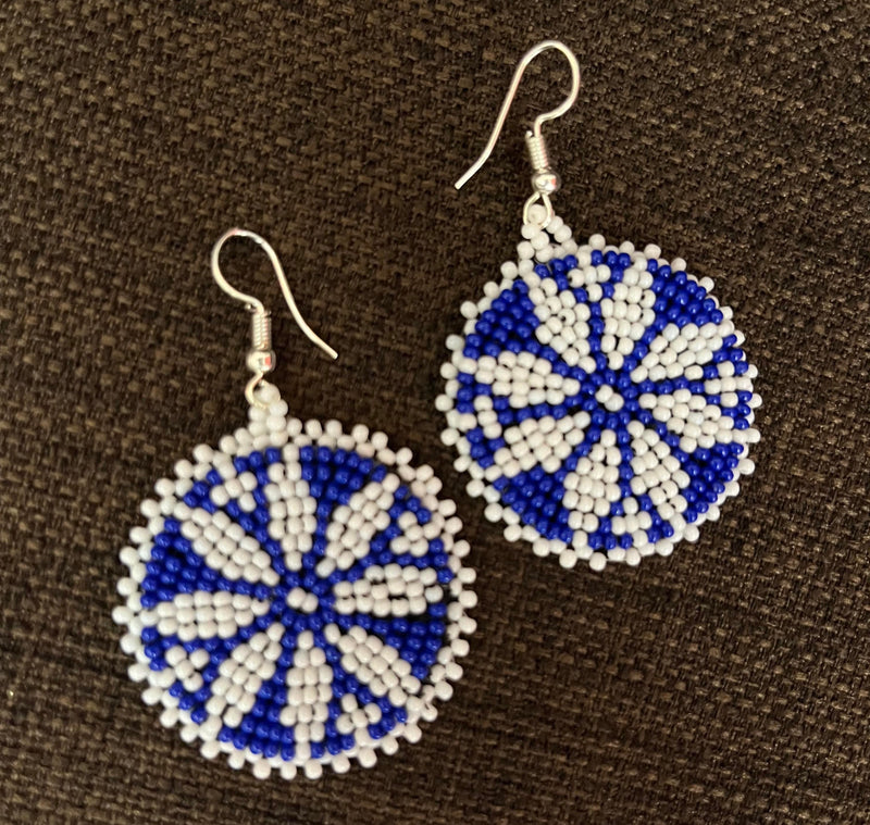 White & Blue Star Round Beaded Earrings
