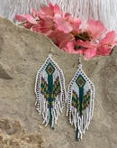 4 1/2" White with Teal Diamond Fringe Earrings