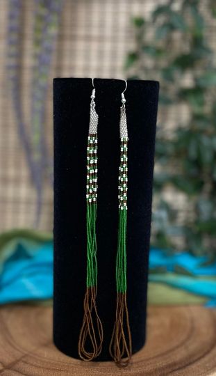 7" Green/Brown Long Dangle Beaded Earrings