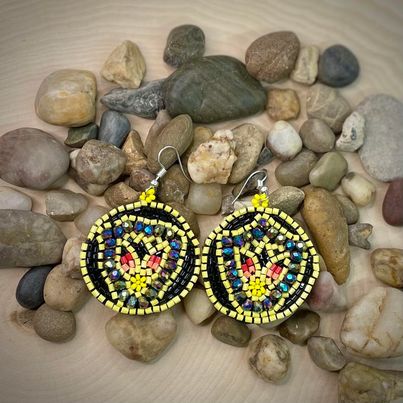 Yellow Floral Round Beaded Earrings